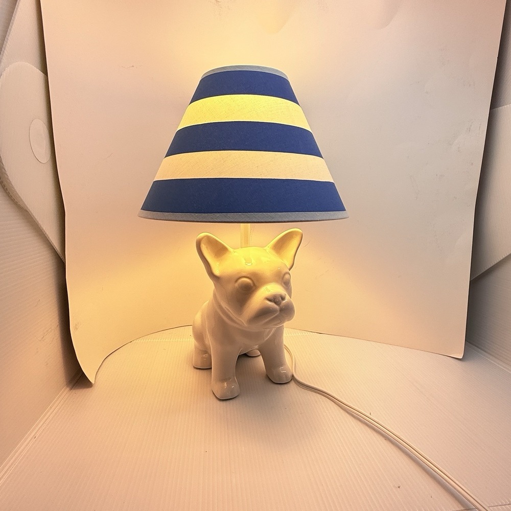French Bulldog Table Lamp White Ceramic Dog Blue White Striped Shade 15"